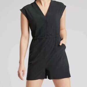 Athleta Marlow Romper Black Size XS Sleeveless Wrap Front Pockets Stretch